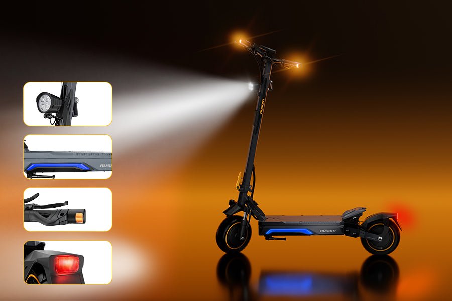 Ausom K20 Pro dual motor e-scooter lit at night with close-ups of headlight, deck lighting and taillight