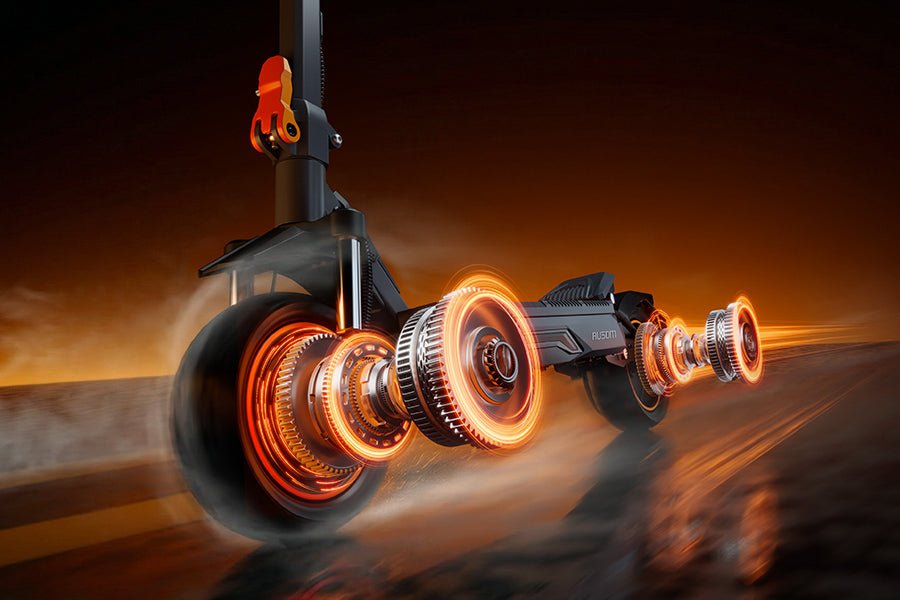 Ausom K20 Pro dual motor e-scooter with both hub motors glowing to show power at each wheel