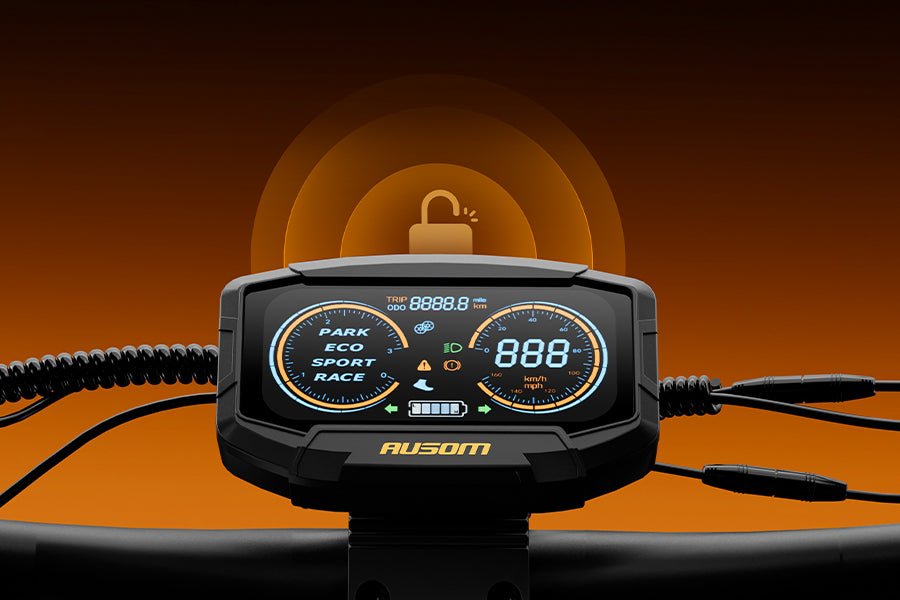 Ausom K20 Pro dual motor e-scooter display showing Park, Eco, Sport and Race modes with the unlock indicator