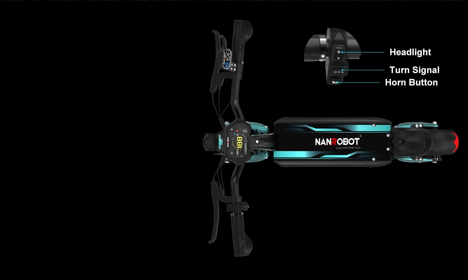 Top-down Nanrobot Lightning Pro with headlight, turn signal and horn controls called out