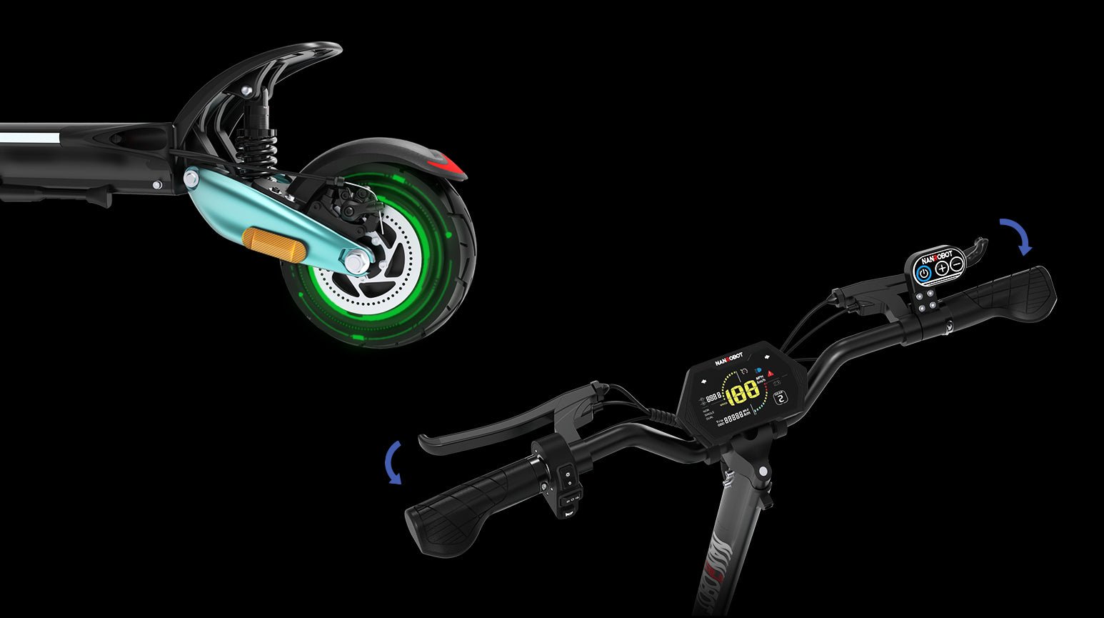 Nanrobot Lightning Pro rear wheel glowing green beside the folding handlebars