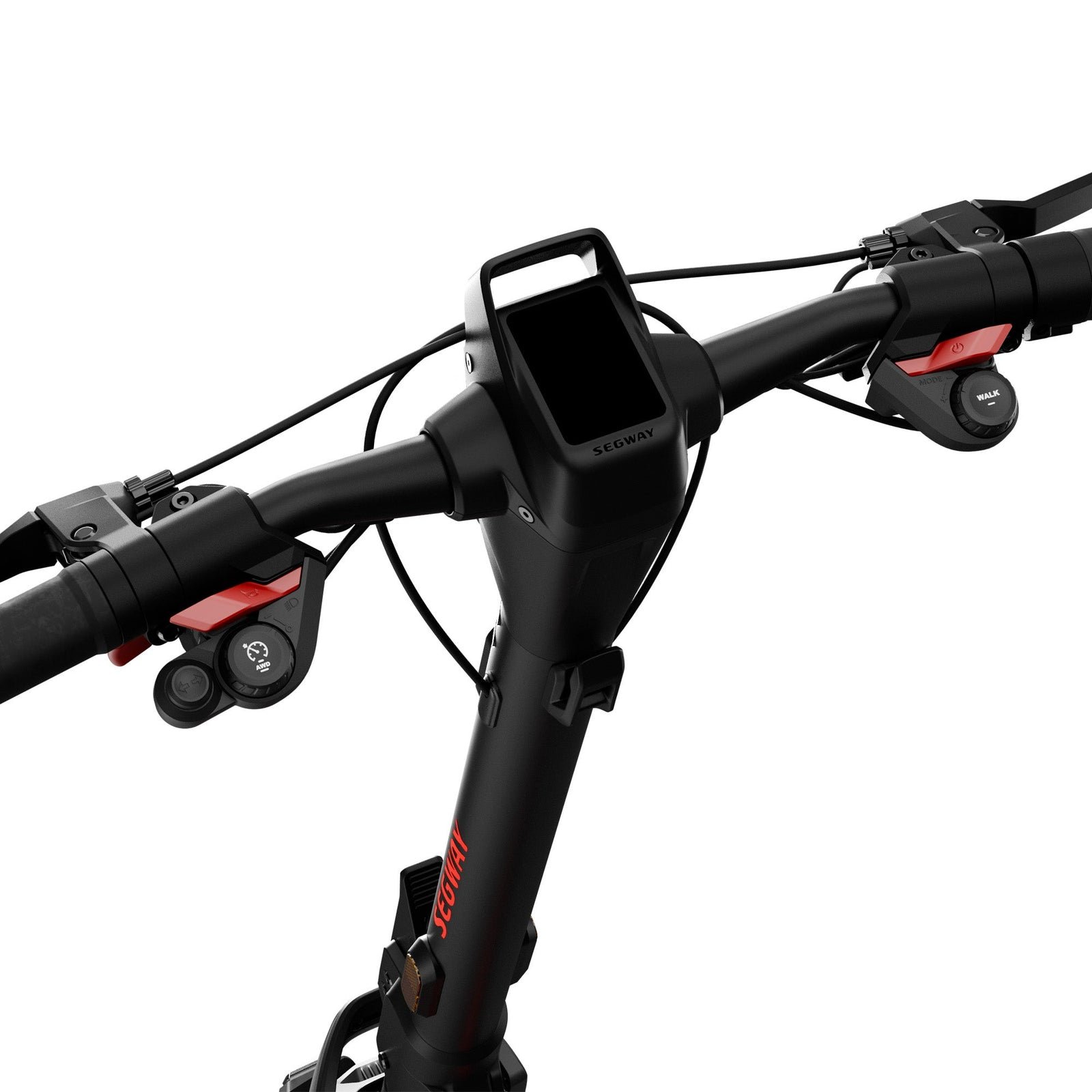 Close view of the Segway GT3 SuperScooter handlebar, colour TFT display, throttle and brake levers