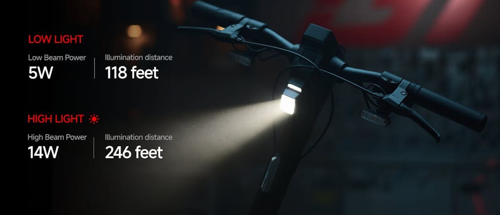 The Segway GT3 SuperScooter headlight lighting the road ahead after dark