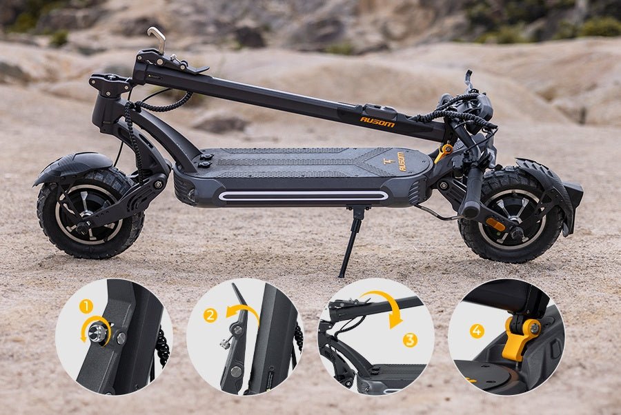Ausom SR1 electric scooter standing unfolded on rocky ground with insets of its folding latch points