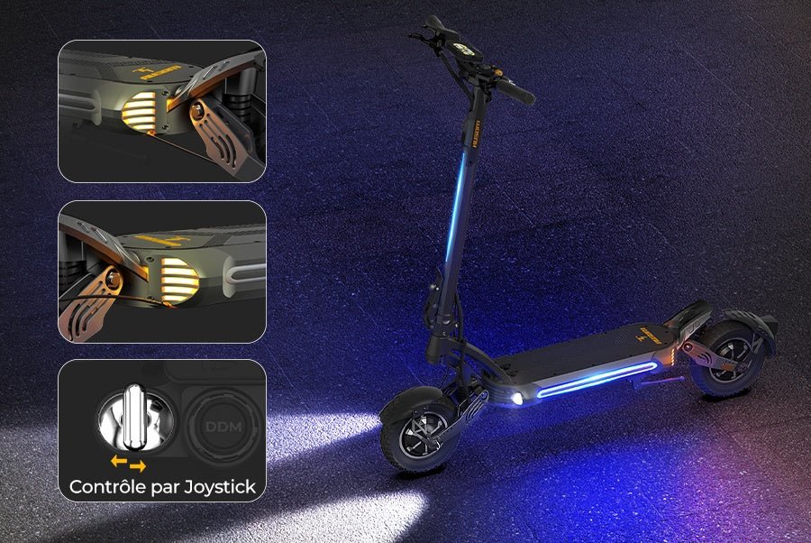 Ausom SR1 electric scooter at night with ambient deck lighting, headlight and joystick-controlled turn signals shown