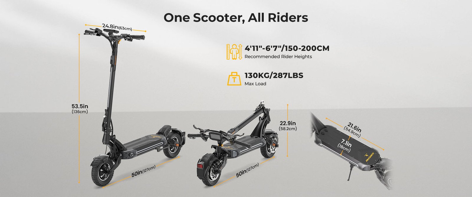 Ausom size chart for the SR1 electric scooter showing rider heights 4 foot 11 to 6 foot 7, load capacity and folded dimensions