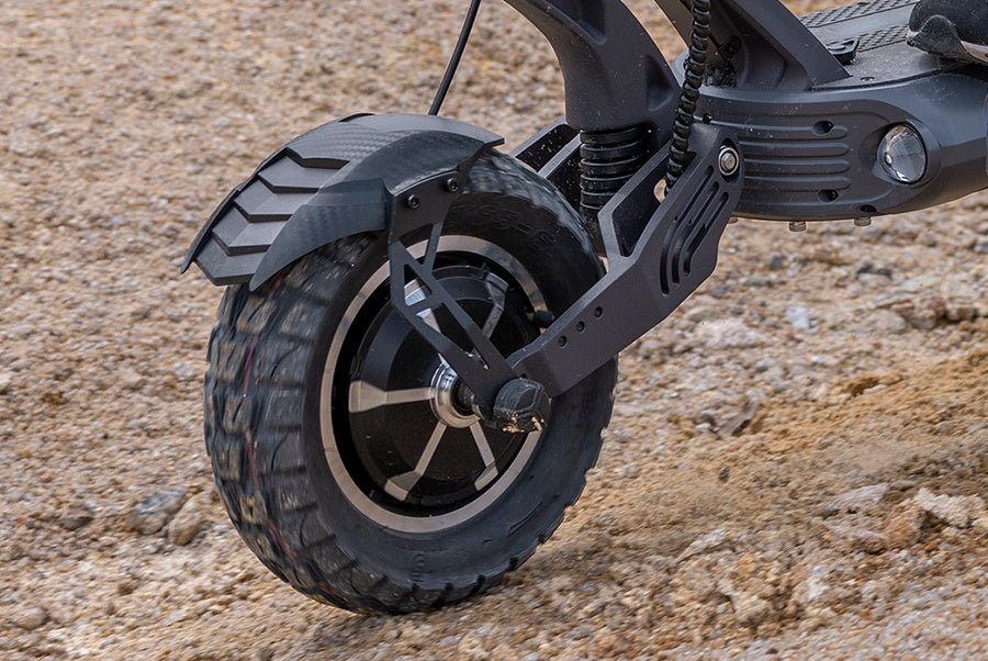 Thickened 10 by 3 inch all-terrain tire and hub motor of the Ausom SR1 electric scooter in close-up