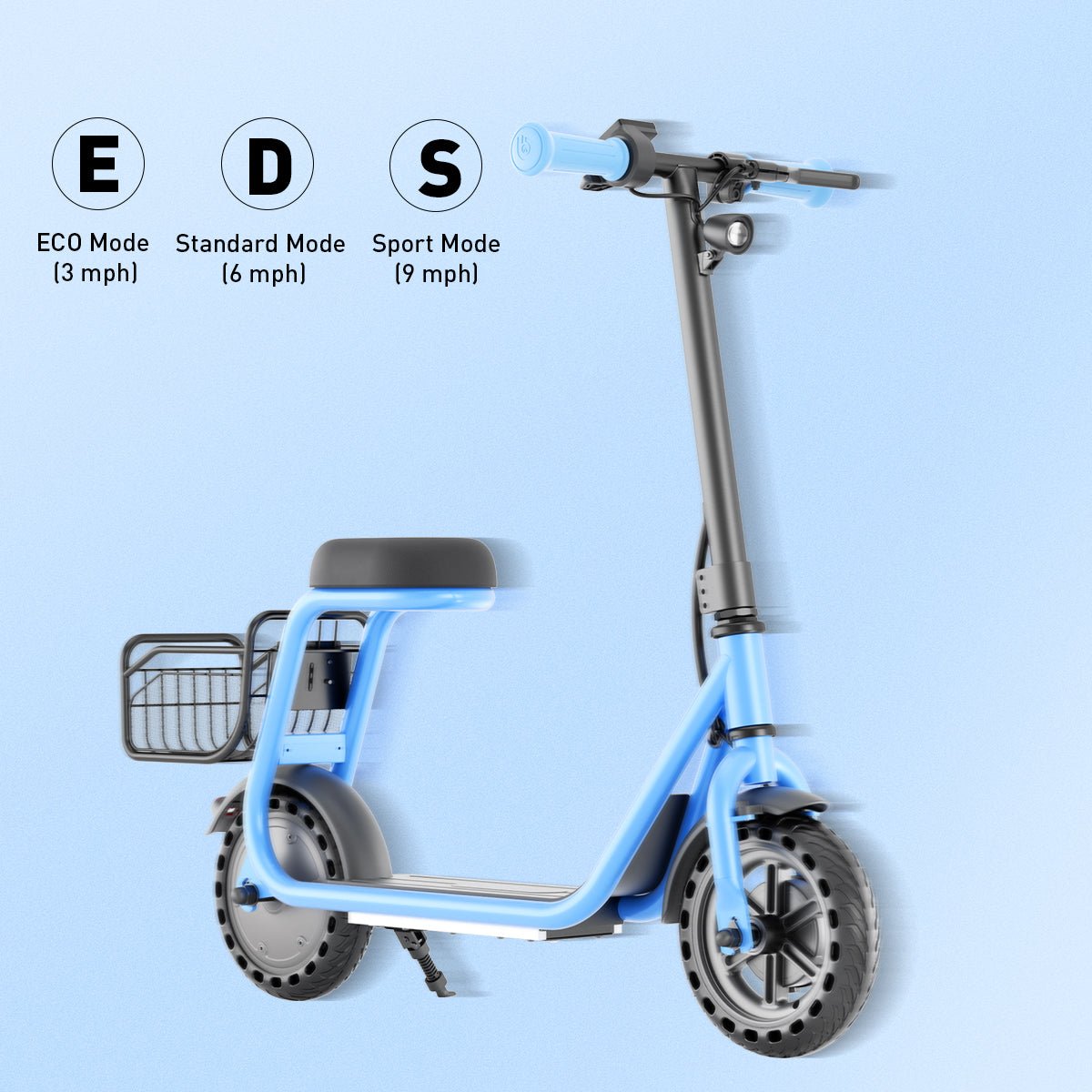 Blue Hiboy Q2 Lite kids electric scooter with E, D and S mode labels at 3, 6 and 9 mph