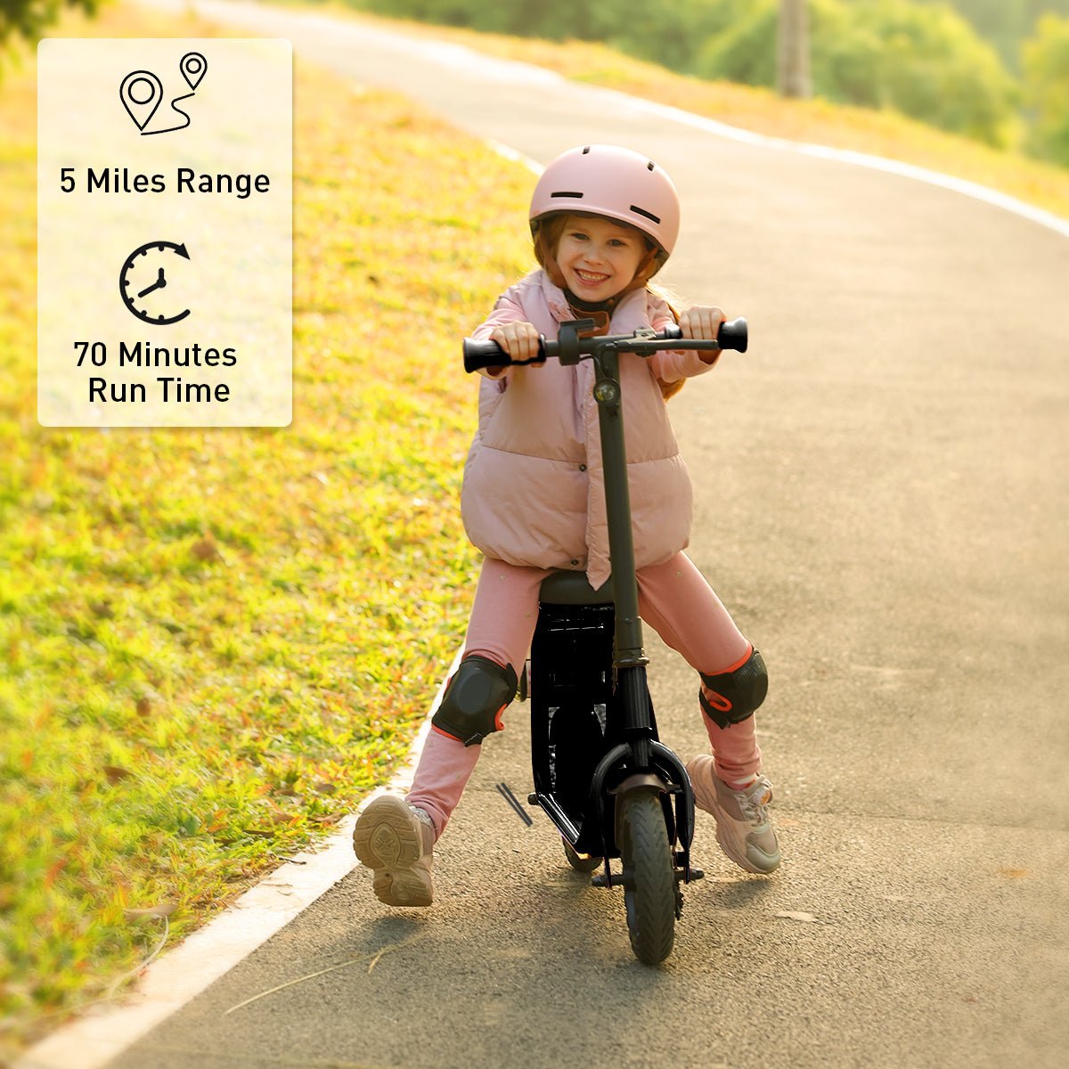 8.5-inch puncture-resistant honeycomb tire on the blue Hiboy Q2 Lite kids electric scooter with surface icons