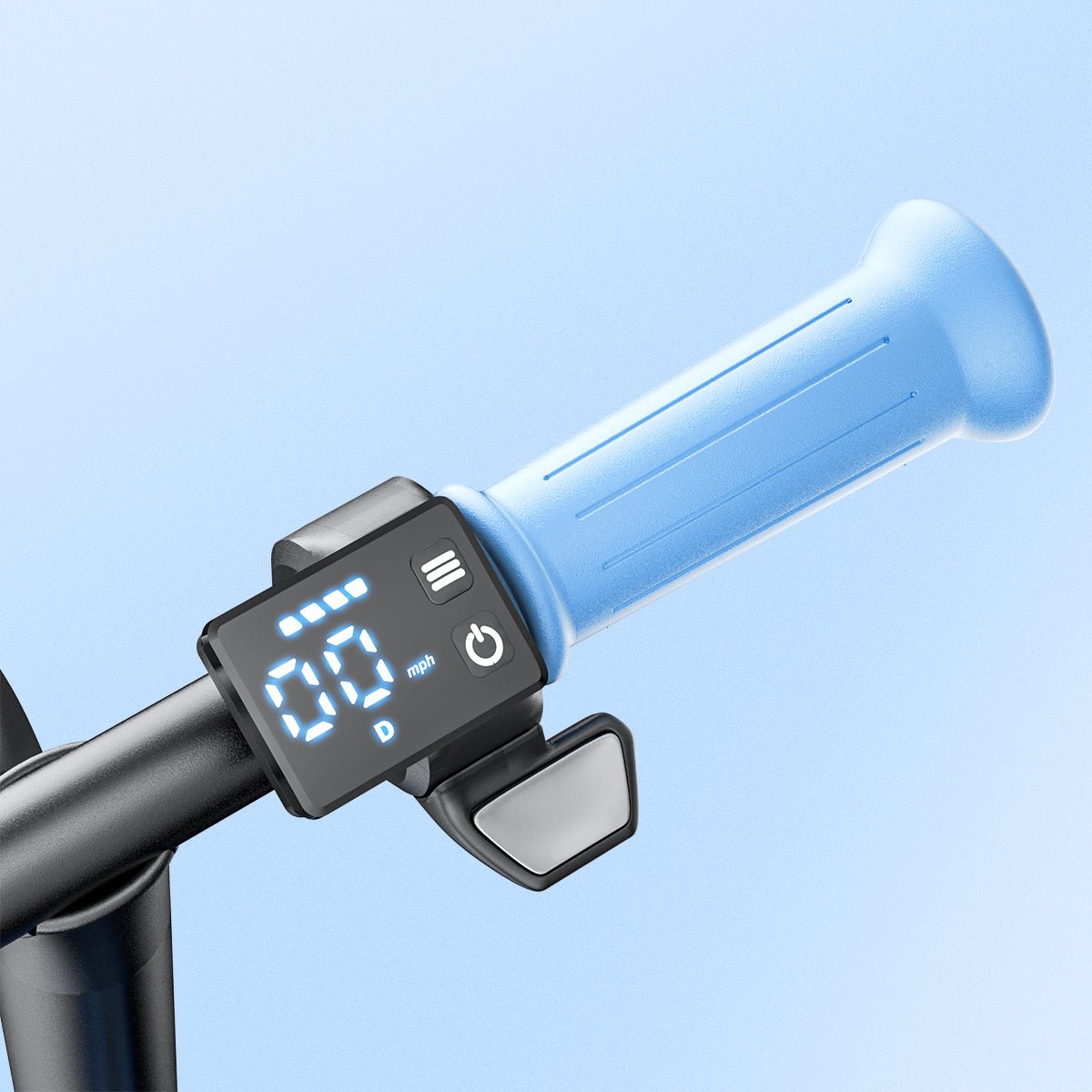 Thumb throttle and LED display on the blue Hiboy Q2 Lite kids electric scooter