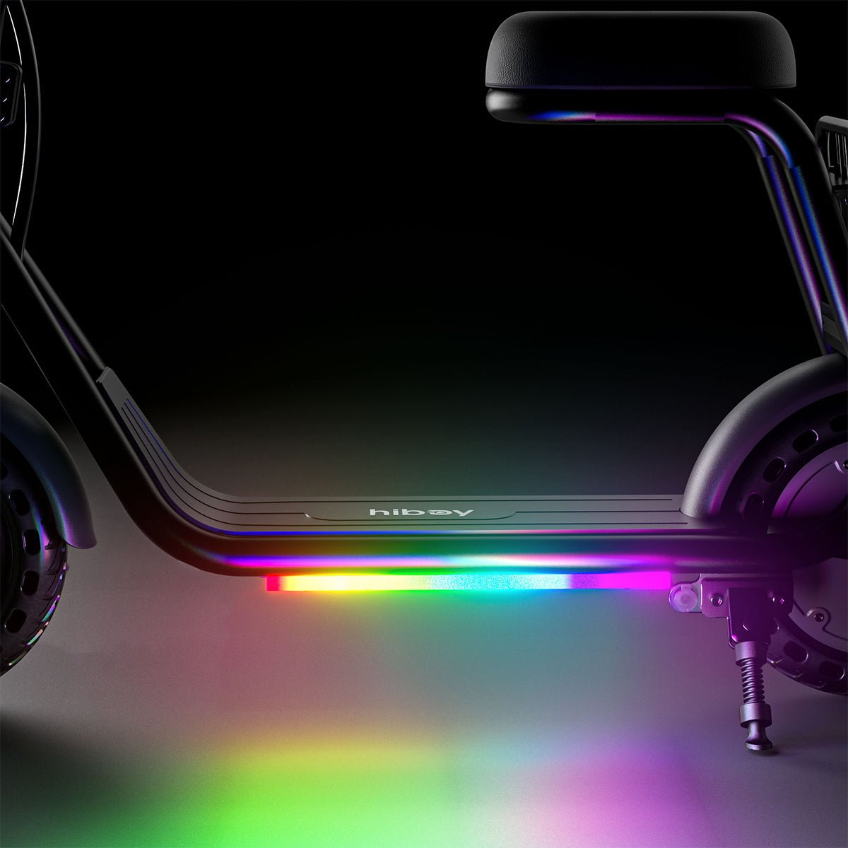 Rainbow RGB light strip glowing under the deck of the Hiboy Q2 Lite kids electric scooter