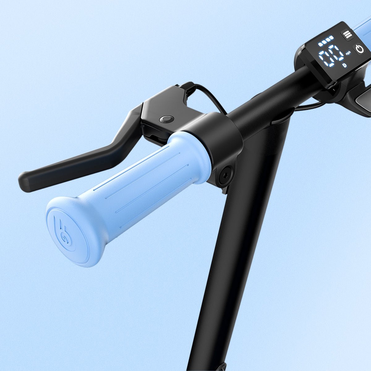 Blue silicone handle grip and brake lever of the Hiboy Q2 Lite kids electric scooter