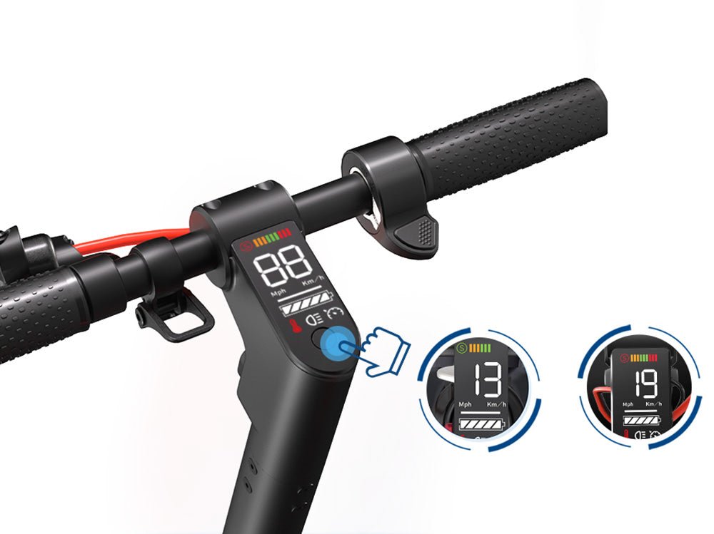 Display of the Hiboy S2R Plus electric scooter showing Drive Mode at 13 mph and Sport Mode at 19 mph