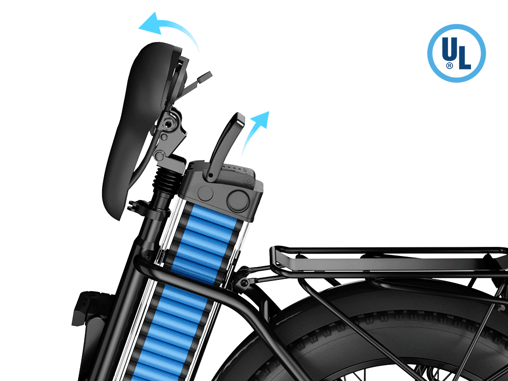 Cutaway of the UL-certified battery cells inside the seat post of the Hiboy EX6F folding electric bike