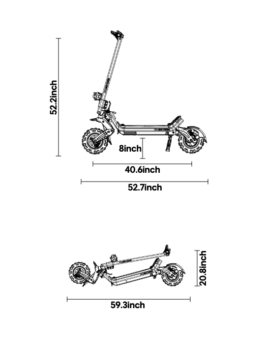 Dimension diagram of the Riding’times G63 Convertible in all-terrain mode