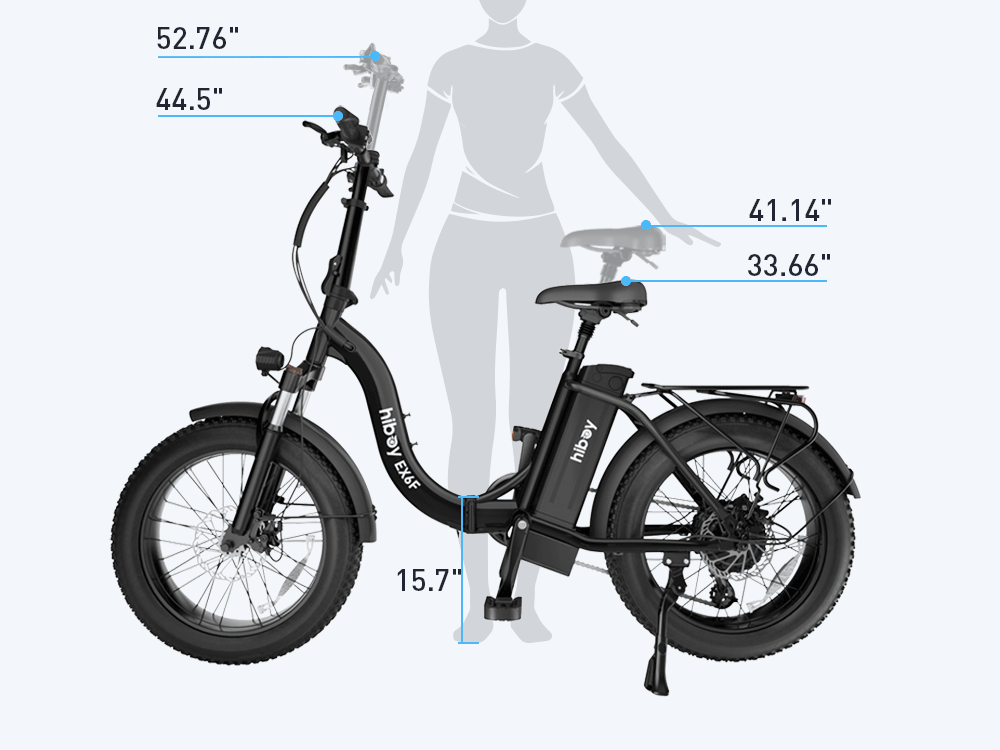 Diagram of the Hiboy EX6F folding electric bike showing 15.7-inch step height, 44.5 to 52.76-inch handlebar and 33.66 to 41.14-inch seat height