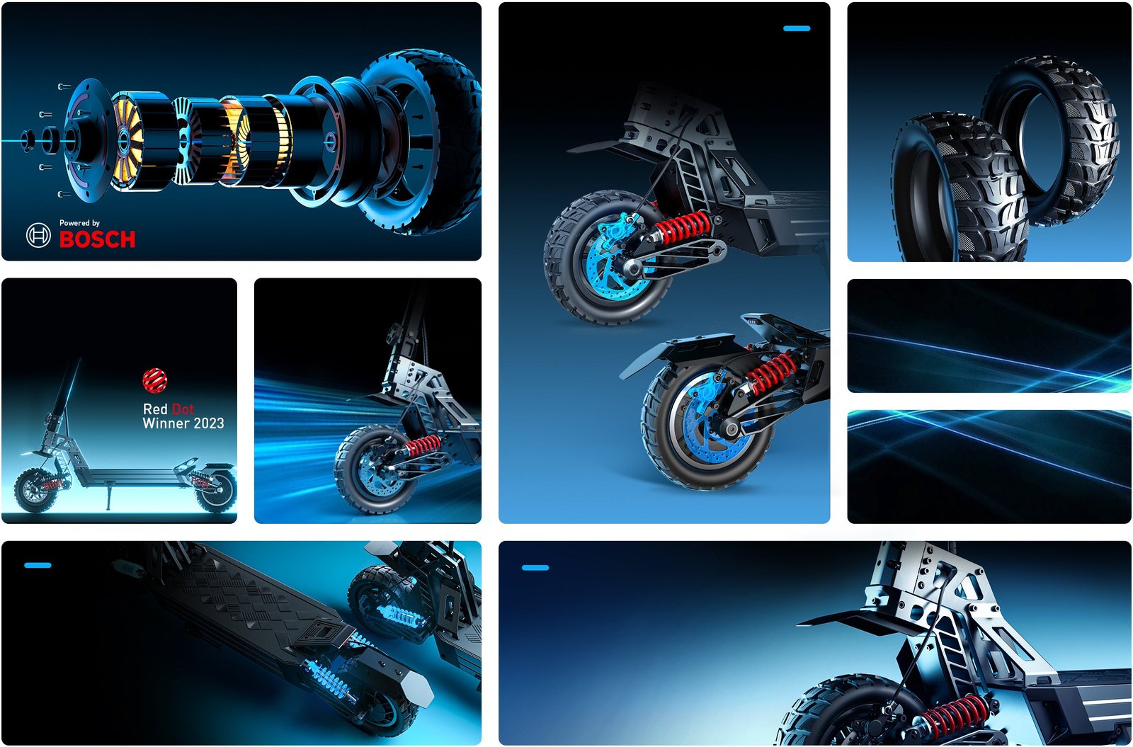 Collage of the Hiboy TITAN electric scooter: exploded BOSCH motor, Red Dot Winner 2023 badge, front and rear suspension, hydraulic brake calipers and off-road tires