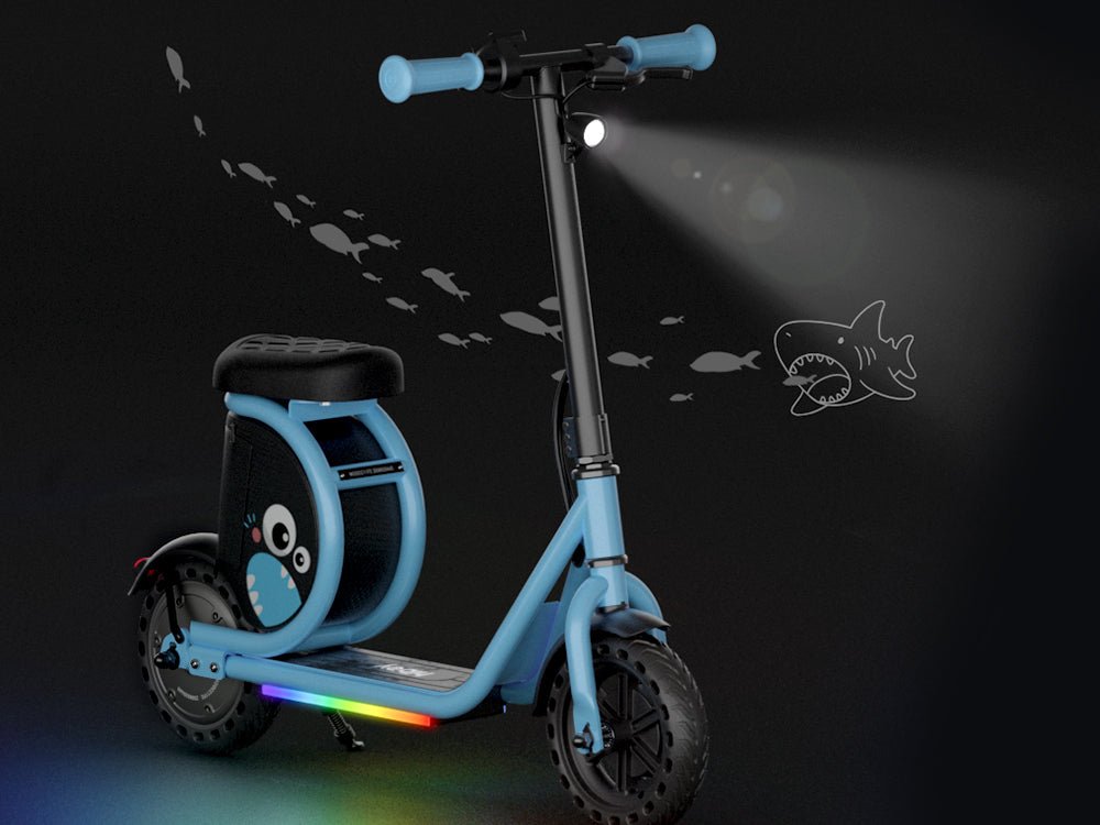 Blue Hiboy Joy Haul kids electric scooter in the dark with headlight on and rainbow deck lights glowing