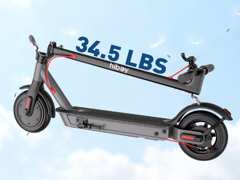 Folded Hiboy S2 Nova electric scooter floating against a sky with 34.5 lbs graphic