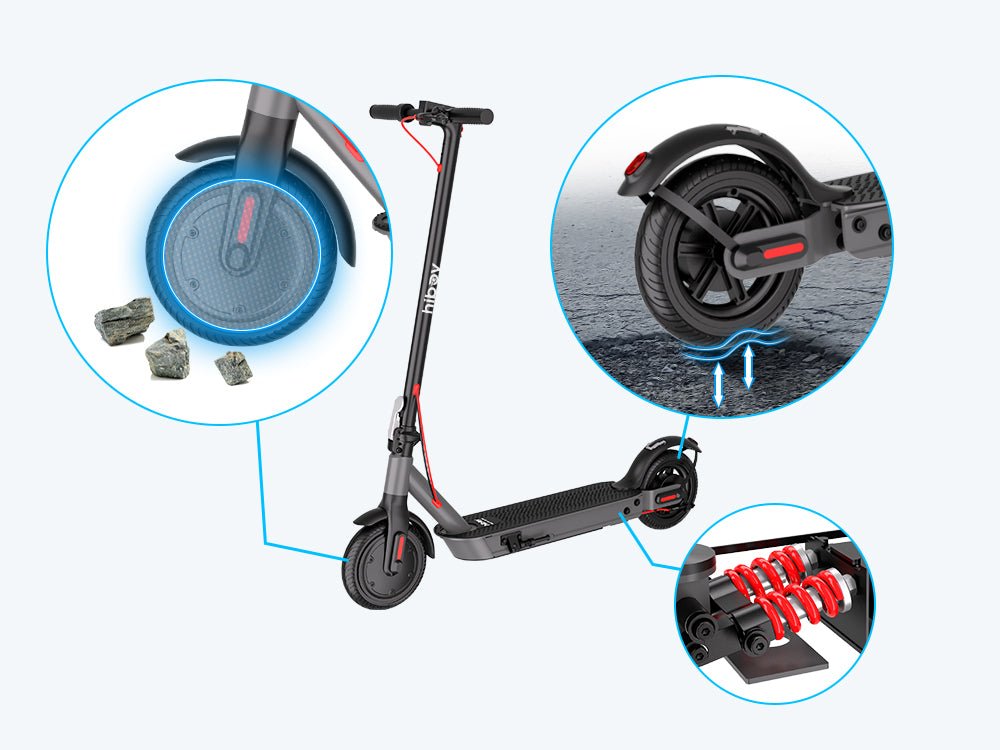 Hiboy S2 Nova electric scooter with call-outs of the solid front tire, pneumatic rear tire and rear springs