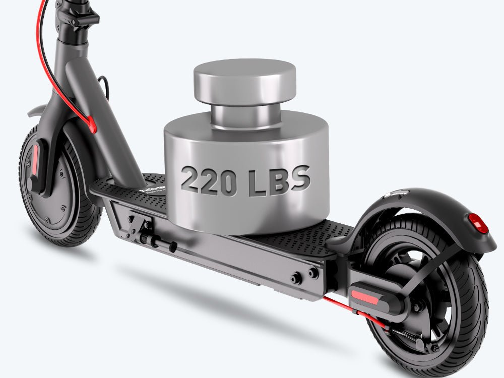 220 lb weight resting on the deck of the Hiboy S2 Nova electric scooter
