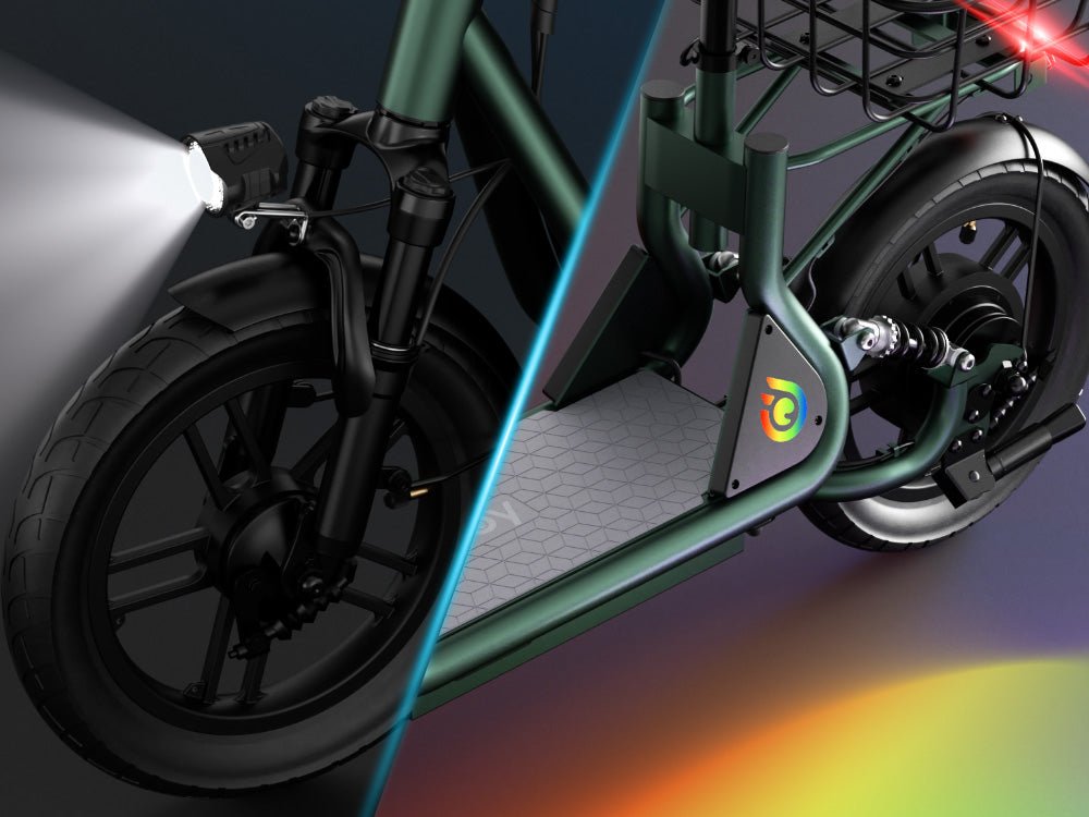 Headlight beam and red taillight of the Forest Green Hiboy Q2 seated electric scooter