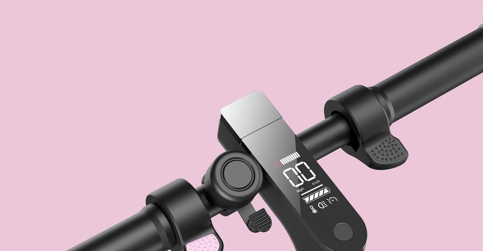 Smart LED dashboard, bell and thumb throttle on the pink Hiboy S2 Lite electric scooter
