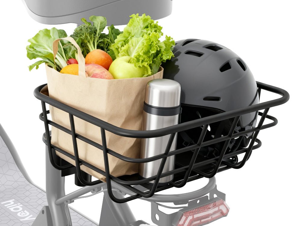Rear basket of the Hiboy Q2 seated electric scooter holding groceries, a helmet and a bottle