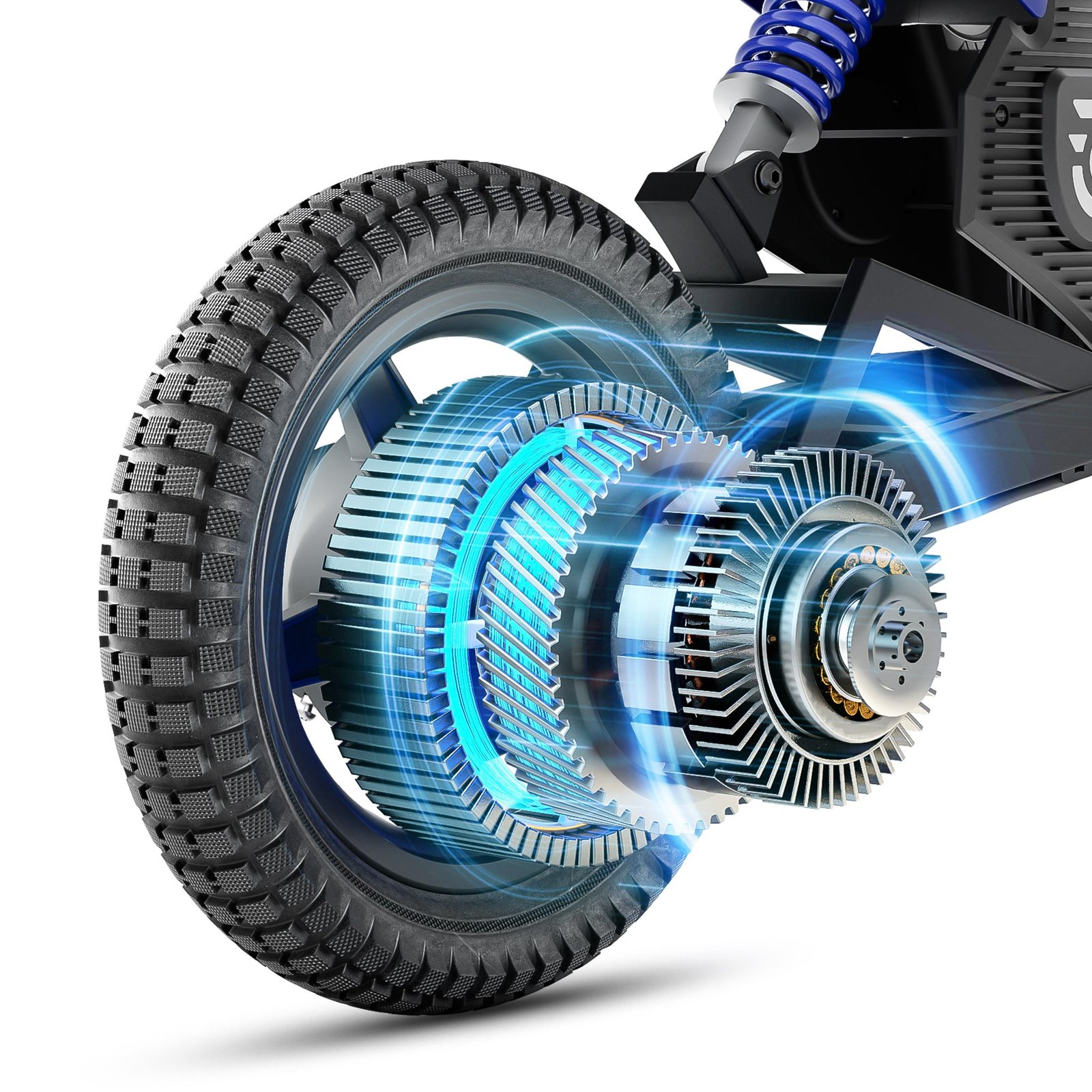 Cutaway of the rear wheel and 150W motor on the Hiboy DK2 kids electric dirt bike
