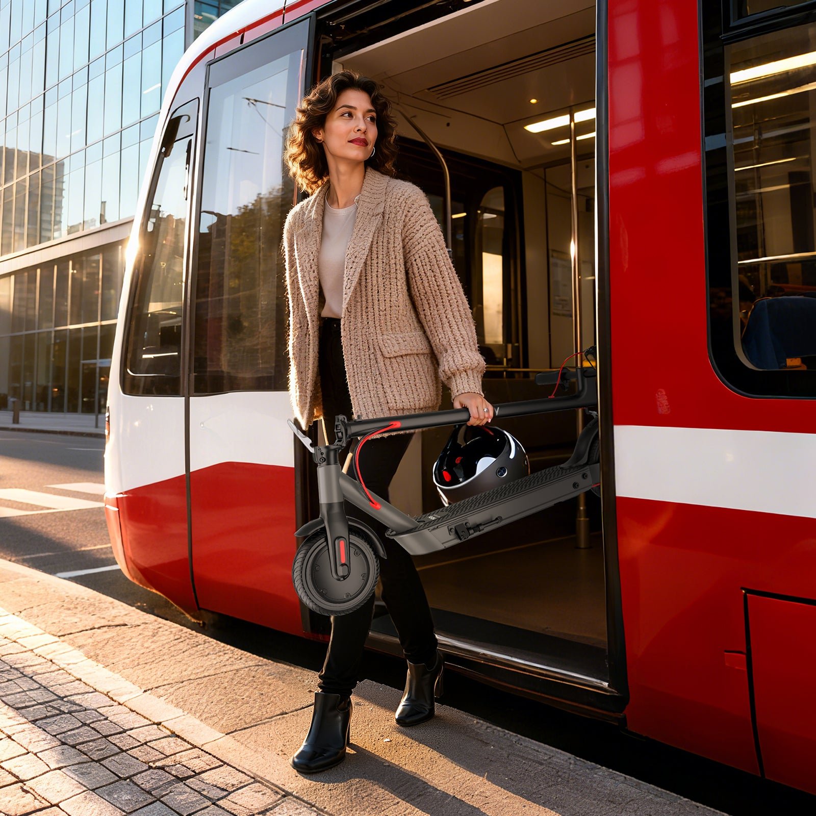 Commuter stepping off a tram carrying the folded Hiboy S2 Nova electric scooter