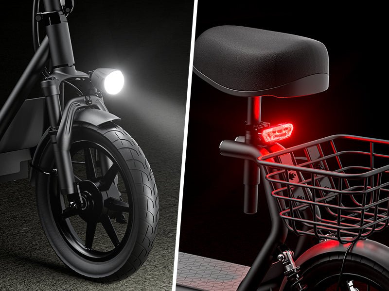 Headlight beam and red taillight under the seat of the Hiboy U2 electric scooter