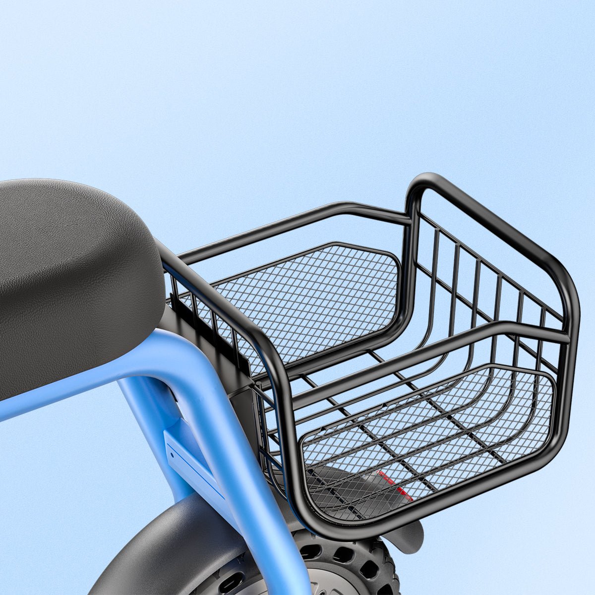 Padded seat and wire toy basket on the blue Hiboy Q2 Lite kids electric scooter