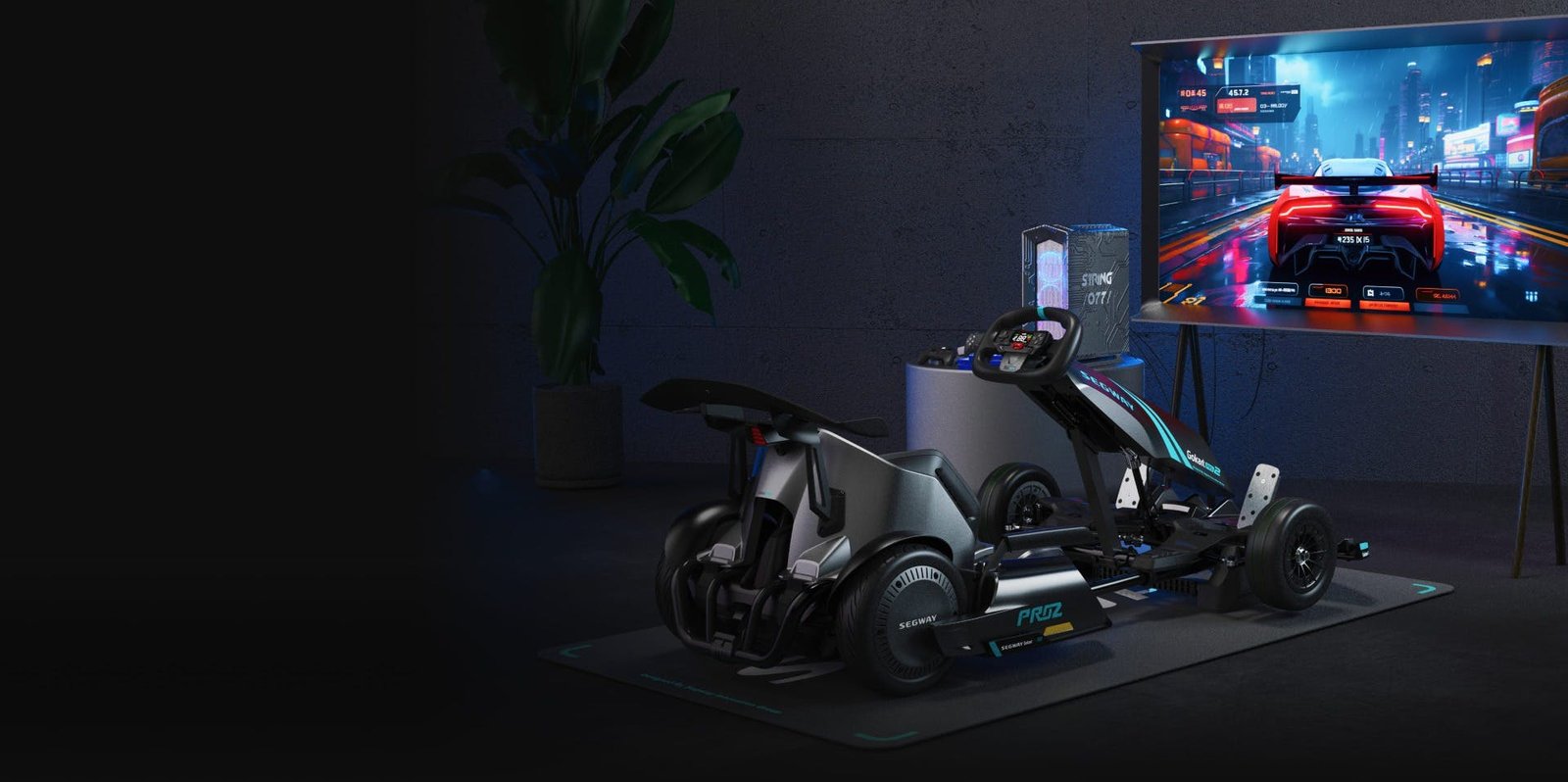 Segway GoKart Pro 2 in front of a racing game on a computer screen