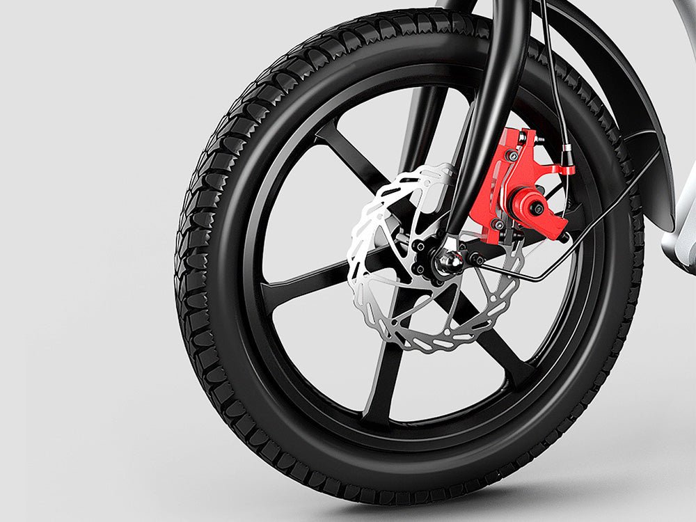 16-inch pneumatic front tire, alloy wheel and red disc brake caliper of the Hiboy VE1 Pro electric scooter