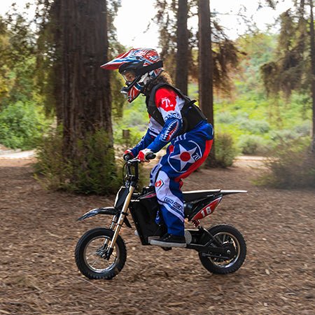 Hiboy DK1 kids electric dirt bike with a young rider in protective gear