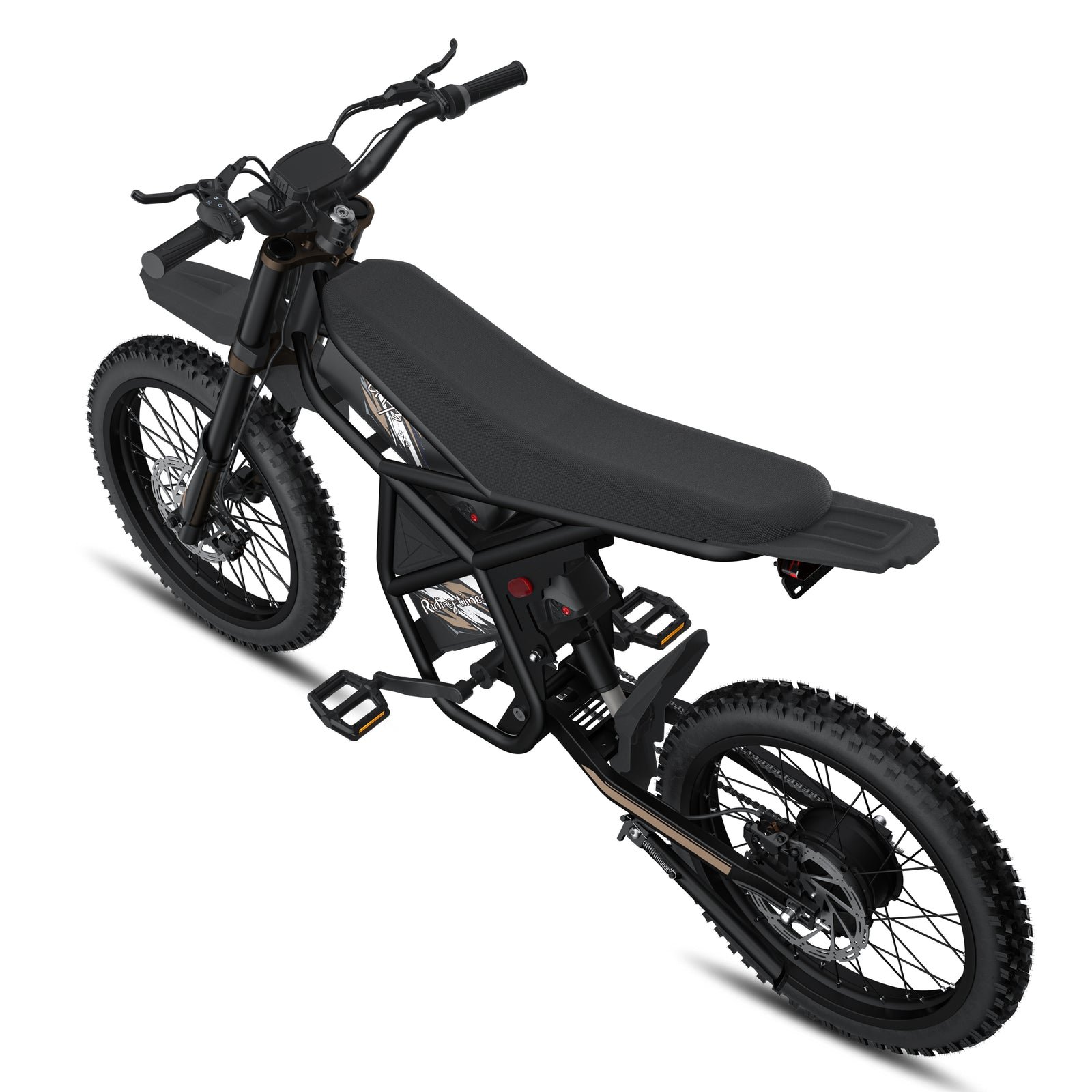 Riding’times GT73 Pro electric motorbike studio view from above showing the seat and pedals