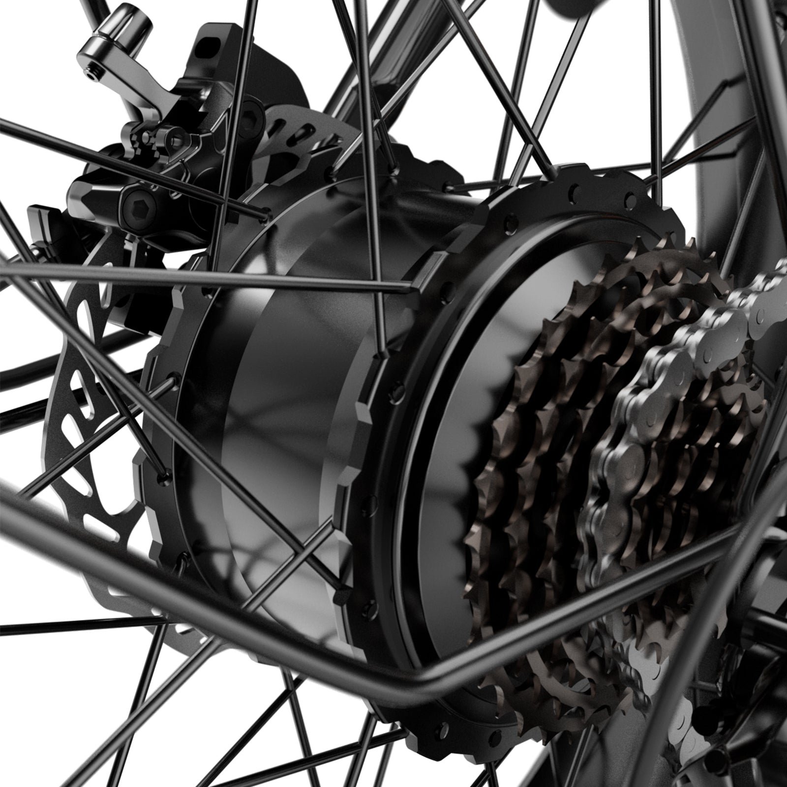 Rear hub motor, cassette and disc brake caliper of the Hiboy EX6F folding electric bike