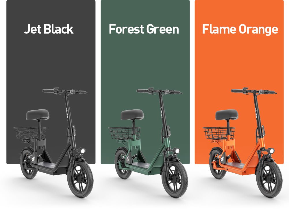 Hiboy Q2 seated electric scooter in Jet Black, Forest Green and Flame Orange