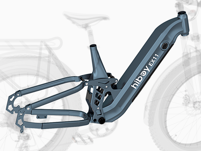 Render of the Hiboy EX11 frame showing the 4-link rear suspension linkage and shock