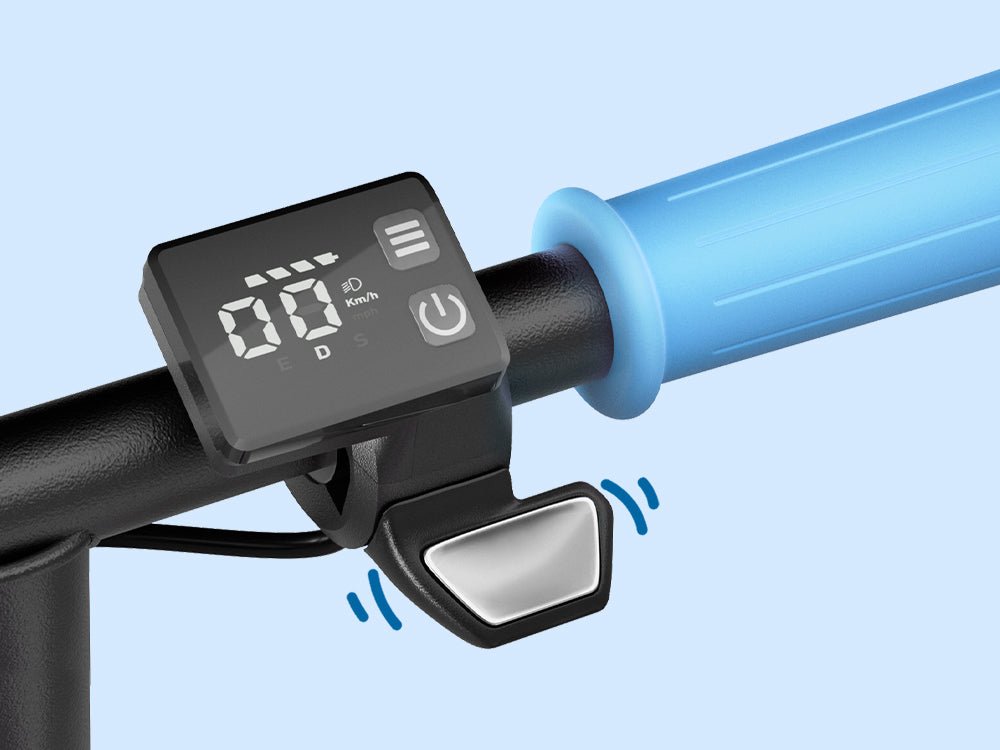 Thumb throttle and LED display on the handlebar of the Hiboy Joy Haul kids electric scooter