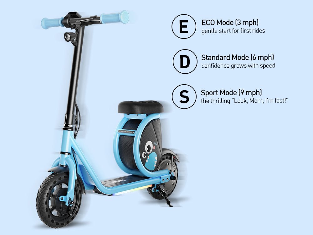 Blue Hiboy Joy Haul kids electric scooter with E, D and S mode labels at 3, 6 and 9 mph
