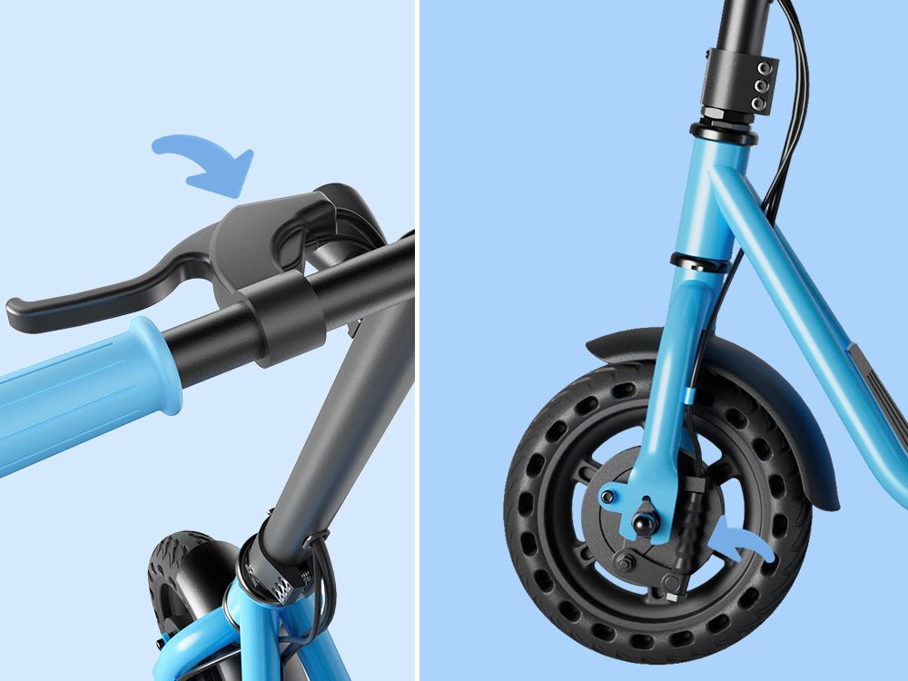 Brake lever and front drum brake highlighted on the Hiboy Joy Haul kids electric scooter