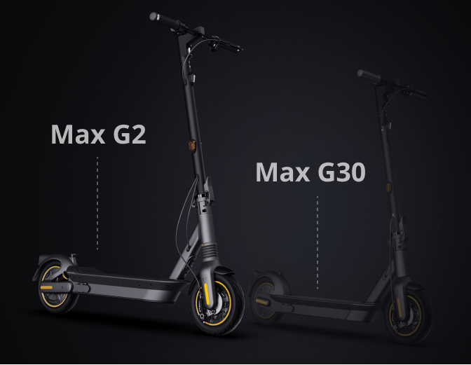 Segway Ninebot Max G2 electric scooter next to the older Max G30 showing the larger size