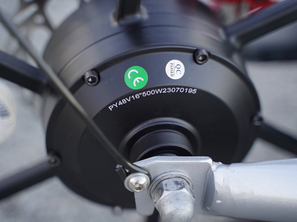 Close-up of the 48V 500W rear hub motor on the Hiboy VE1 Pro electric scooter