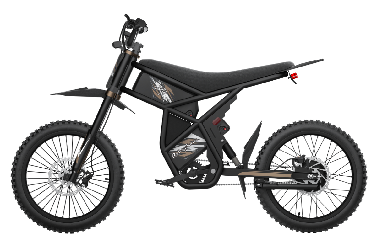 Riding’times GT73 Pro electric motorbike side elevation showing the dual battery frame
