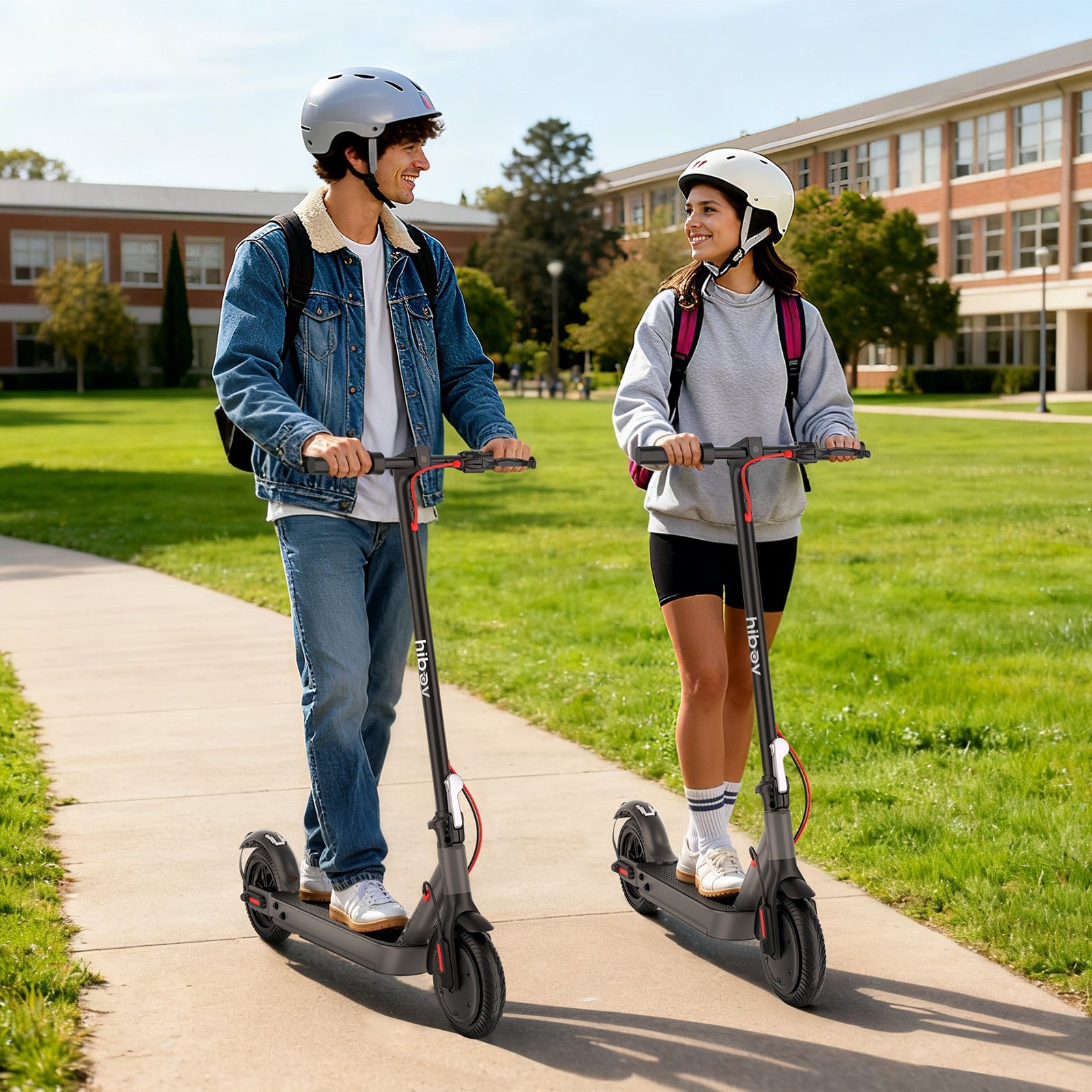 Two students riding Hiboy S2 Nova electric scooters across a campus