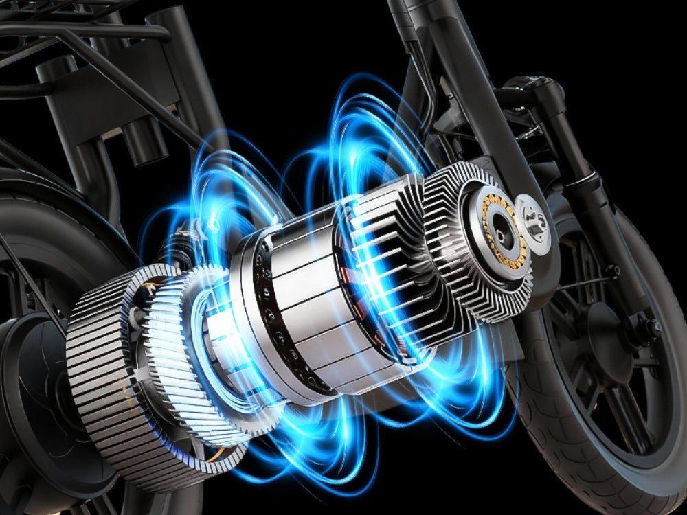 Exploded view of the rear hub motor on the Hiboy Q2 seated electric scooter