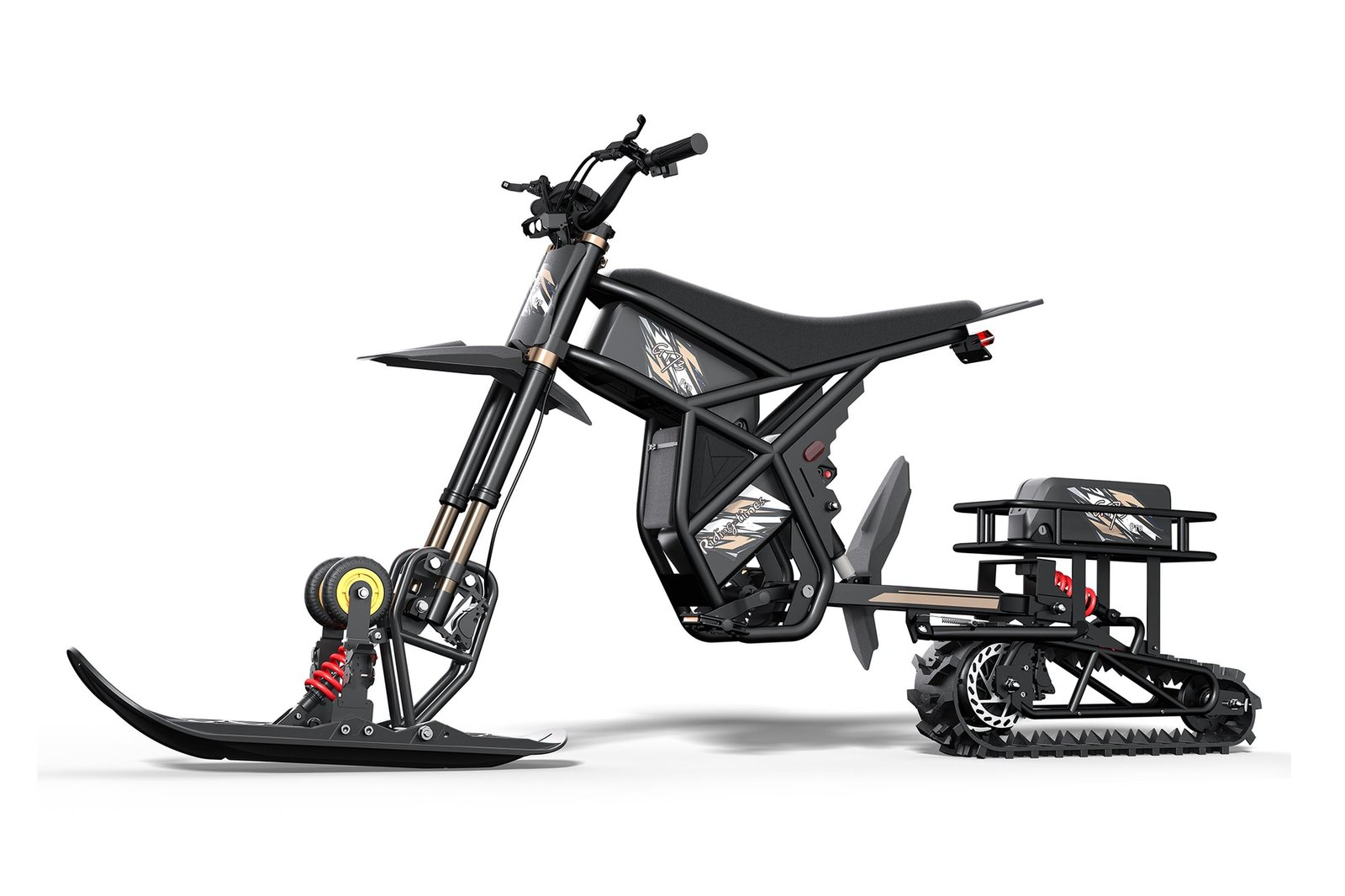 Riding’times GT electric motorbike in gold trim with the front sled and rear track fitted