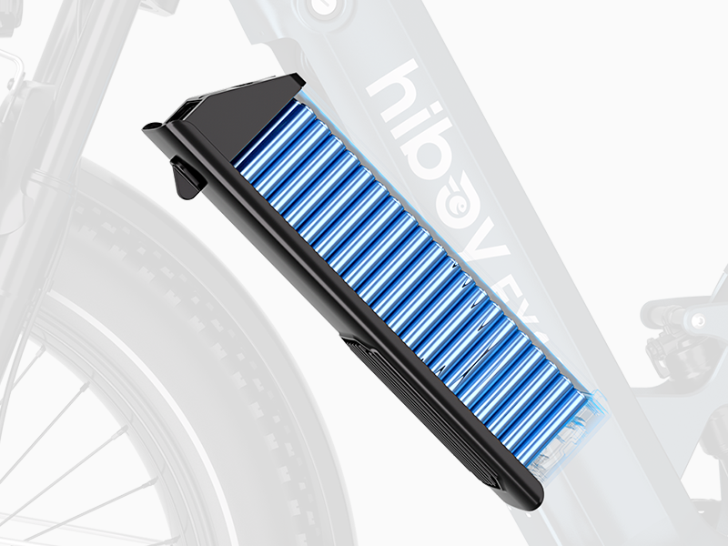 Render of the removable 48V 18Ah battery pack with cells visible on the Hiboy EX11 electric bike