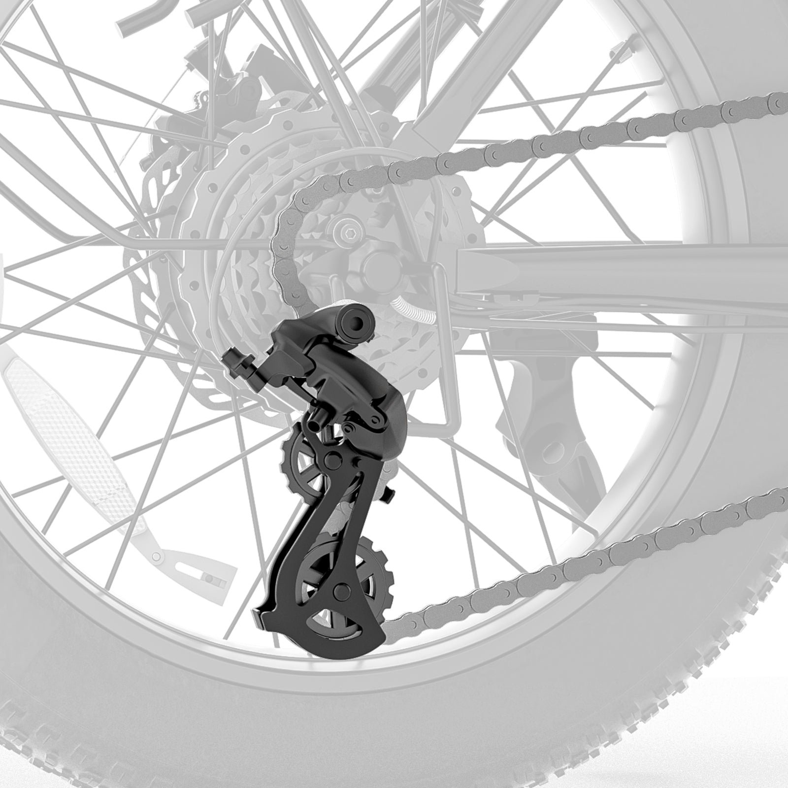 Shimano 7-speed rear derailleur on the Hiboy EX6F folding electric bike